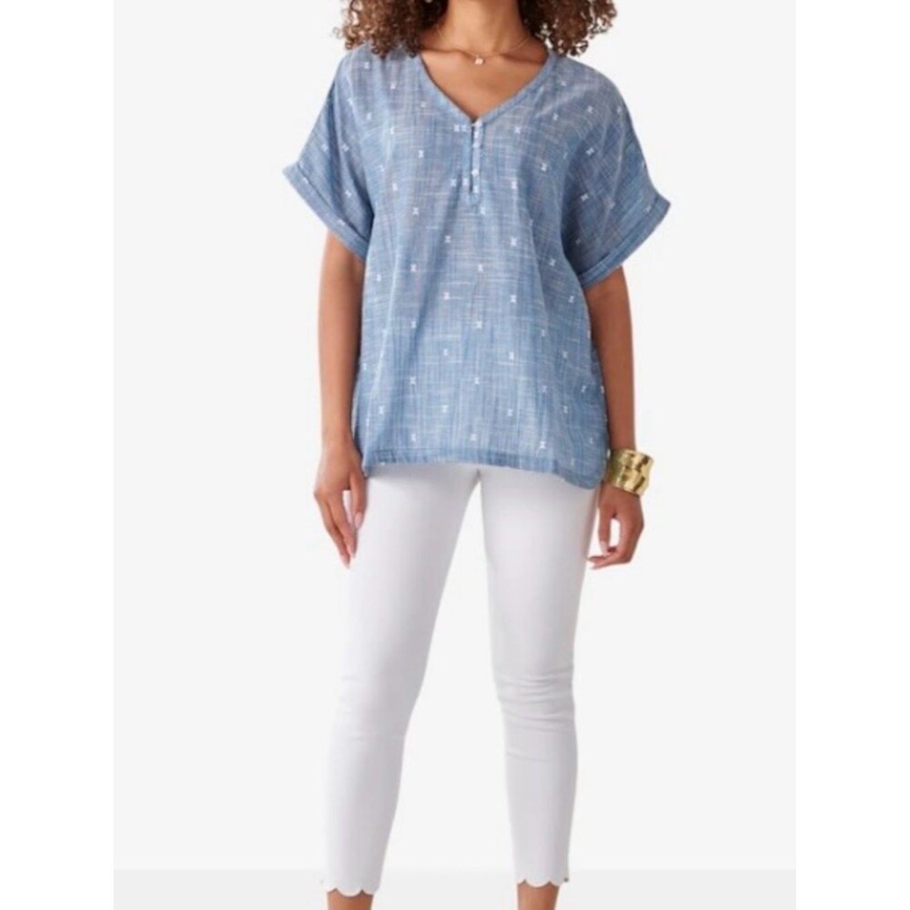 Charlie Paige 100% Cotton Blue Kasia Short Dolman Sleeves Top Shirt Size Large